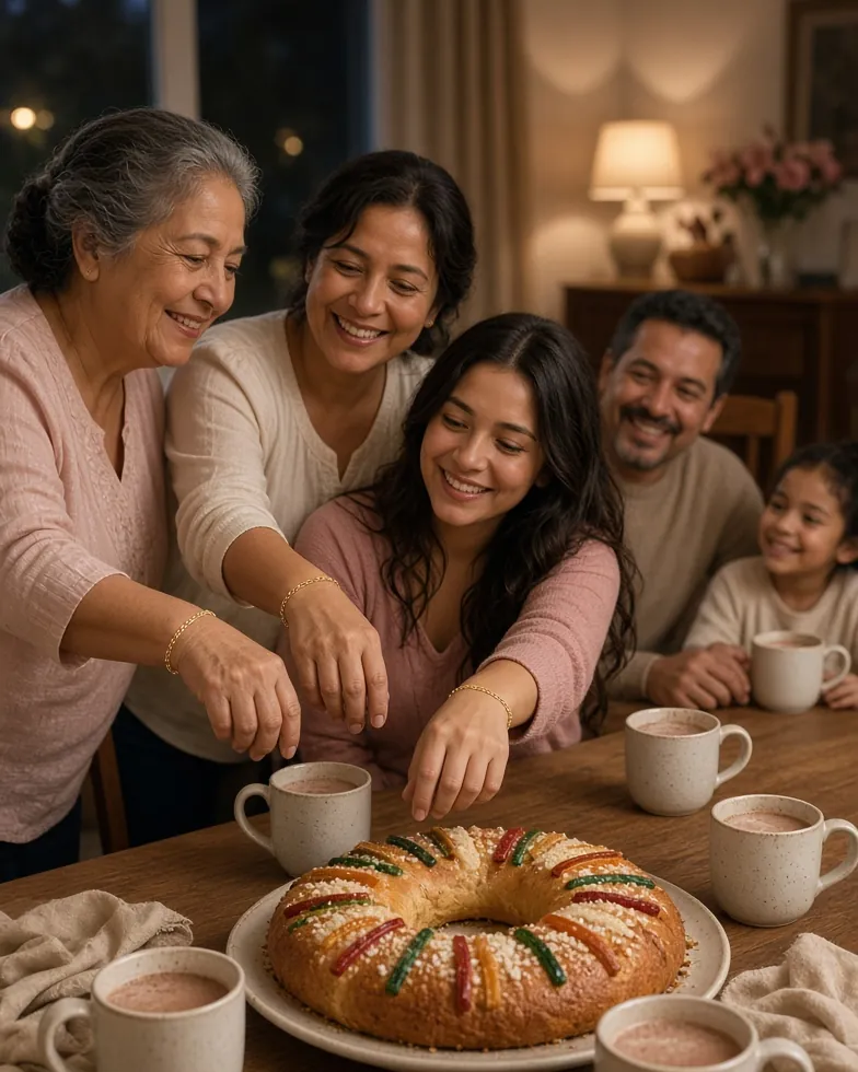 Familia latina partiendo la rosca de Reyes en la mesa, con pulseras de cadena de oro a juego en las muñecas.