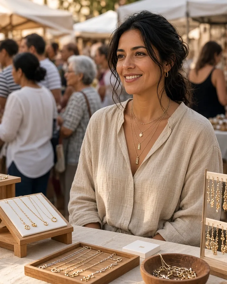 Mujer latina emprendedora sonriendo en su puesto de joyería durante una feria al aire libre, con gente recorriendo los puestos detrás.