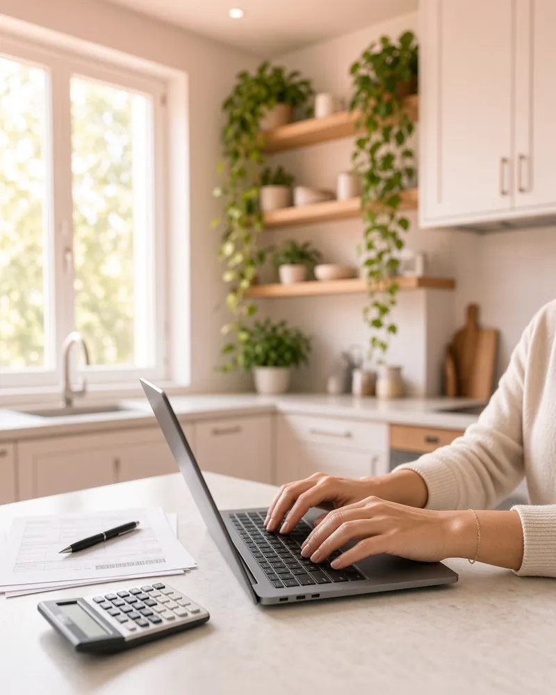 Escritorio con formularios de registro de negocio, una laptop abierta y una taza de café.