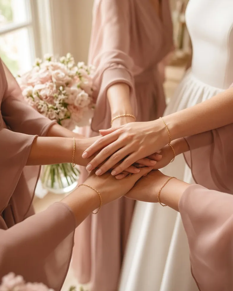 Novia y sus damas de honor juntando las manos para mostrar sus pulseras de cadena de oro a juego antes de la boda.