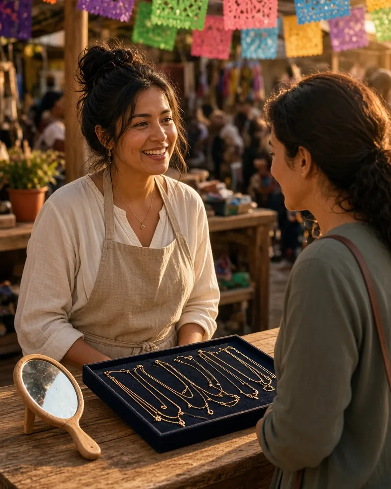 Artista de joyería atendiendo a una clienta en un puesto de feria decorado con papel picado, con una charola de cadenas de oro y un espejo, al atardecer.