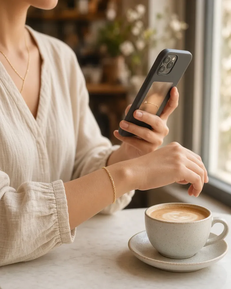 Manos de una mujer tomando con el teléfono una foto de su pulsera permanente recién soldada para publicarla en redes.